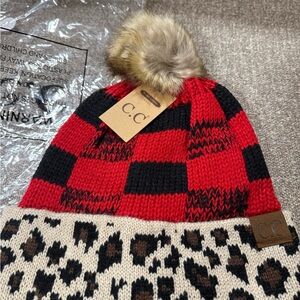 C.C Red and Black Plaid Beanie with Leopard Trim